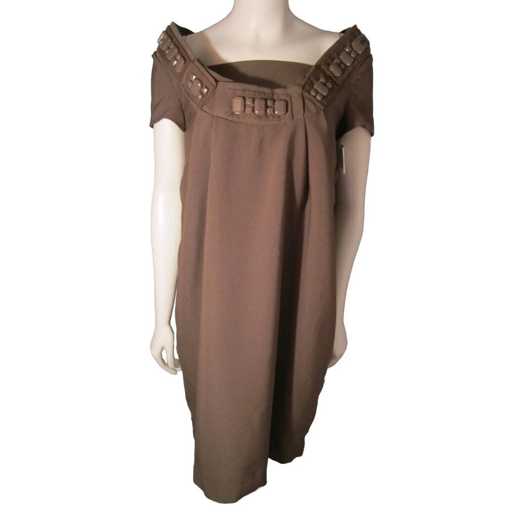 KARTA $388 Shift Cocoa Brown Chunky Jewel Dress Mod Embellished Retro 60s S/M